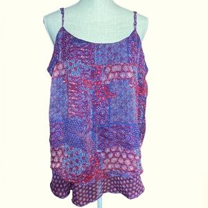 Faded Glory Sheer Red & Blue Patterned Layered Tank Top